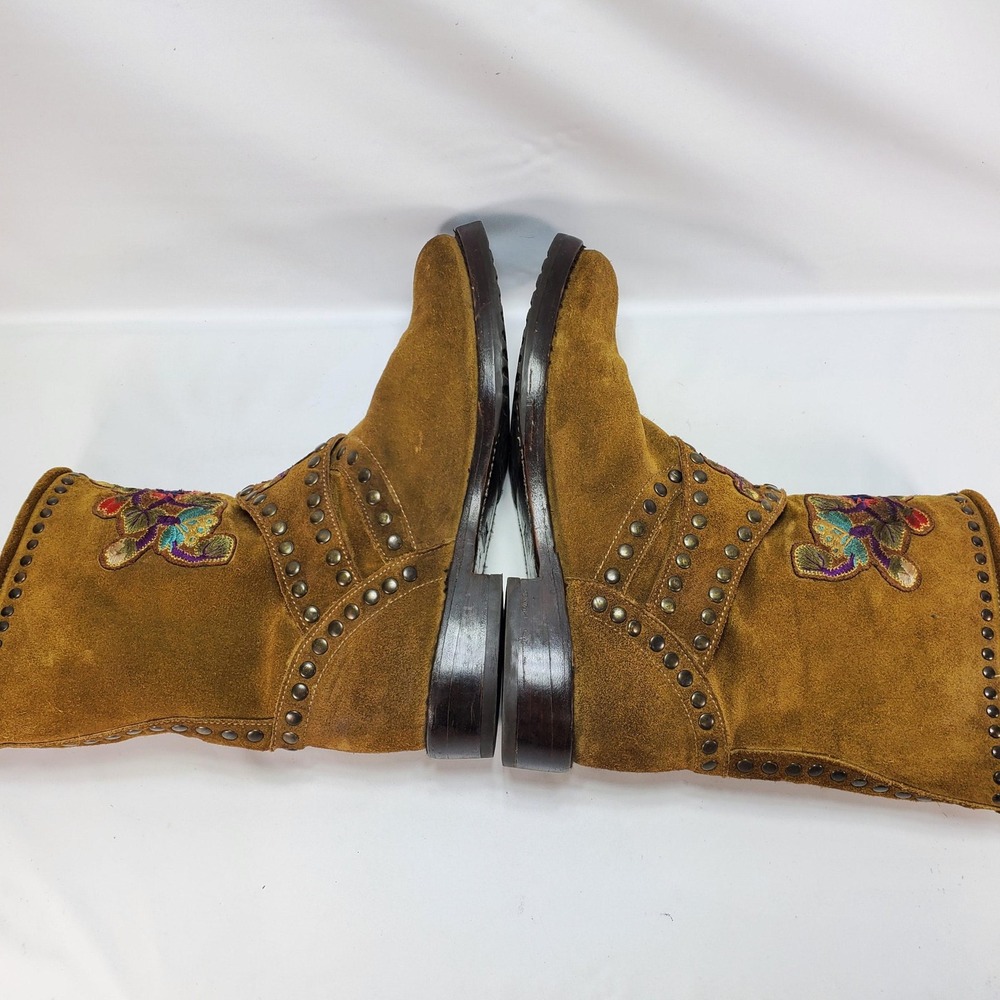 Anthropologie Frye Natalie Studded Embroidered Engineer Boots 7.5 Suede Mid Calf - Picture 7 of 11